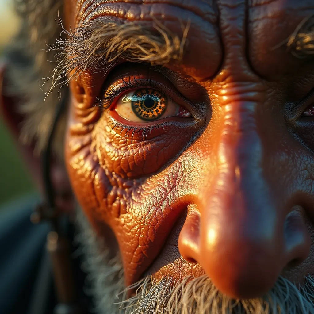 Elderly Indigenous man's eye, iris textured with ancestral symbols, soft golden light, dignified and respectful, oil painting style.