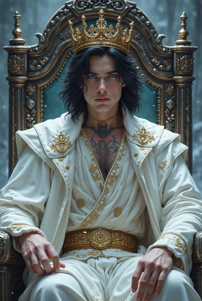  A young man of about 20 years old , tall and elegantly built, he sits on a majestic throne. His black hair falls softly in well-kept locks, framing his face with sharp and aristocratic features. His blue eyes shine brightly, conveying a penetrating and ca...