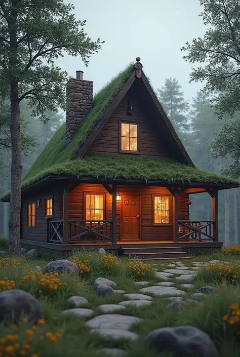 arafed cabin with a porch and a porch with a porch and a porch with a porch and a porch with a porch and a porch with a porch, adventure hyper realistic render, beautifully detailed render, a photorealistic rendering, natural realistic render, cabin in the...