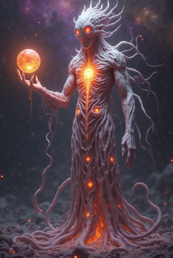 A cosmic eldritch entity with a humanoid yet otherworldly form stands in a dark, starry void filled with swirling nebulae and glowing celestial bodies. Its body is composed of intertwining, sinewy tendrils that resemble a fusion of flesh and organic roots,...