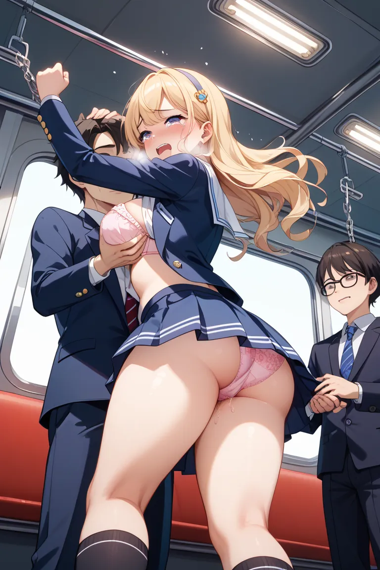 NSFW, Female student、Sailor suit、Very short pleated skirt、Crowded train、One Woman、Cute Woman、Many passengers、Thick thighs、Best image quality、High resolution、masterpiece、super high quality、Pink Good、(nasty Panties)、Big Ass、Large Breasts 、blush、4k quality、Re...