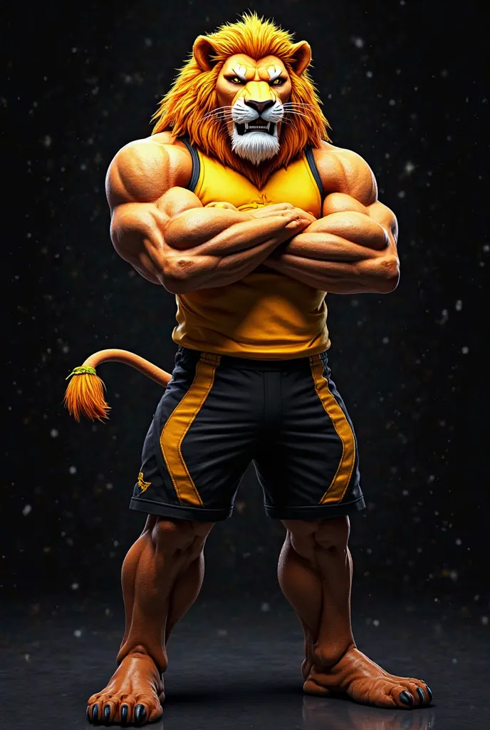 ```prompt
A digital illustration of an e-sports team mascot lion, with a fierce angry expression and determined eyes, wearing a vibrant yellow uniform paired with contrasting black shorts, standing with arms crossed in a powerful pose. The lion is set agai...