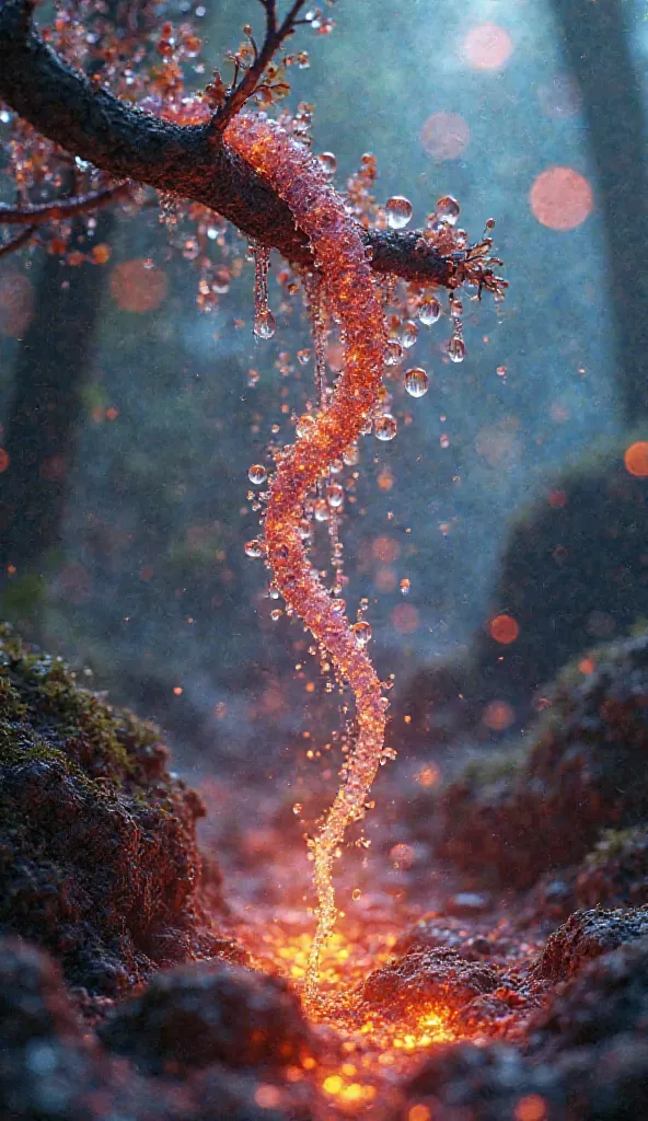 cinematic photo macro photo, sparkling dewdrops cling to a magical fantasy glass vine that runs from a high branch at the top near us down into molten lava, galaxy fantasy colors, [vertical orientation], open center area made of old paper. . 35mm photograp...