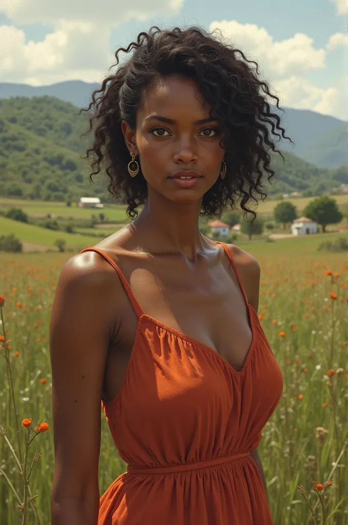 A 40 year old Brazilian woman, Dark Skin, curly black hair, deep brown eyes, slim and elegant body with small breasts and narrow hips. Wearing a loose, flowing dress,  in a farm setting, realistic style."