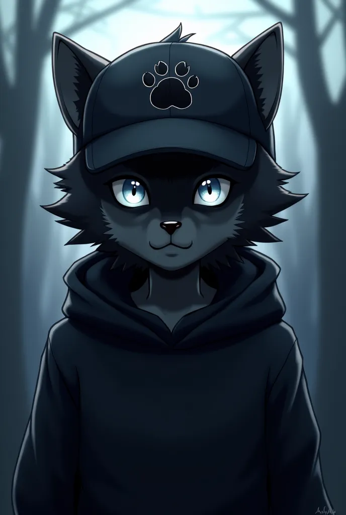 anime art, furry wolf man,  silver eyes ,  black wool , wearing a black sweatshirt, black cap with animal paw print on the head. background gloomy 