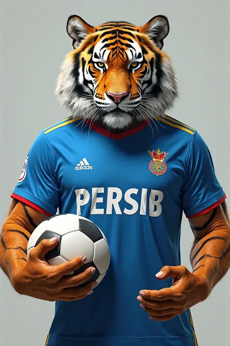 A muscular giantic tiger wearing blue solid jersey written 'PERSIB' and holding a world cup ball 