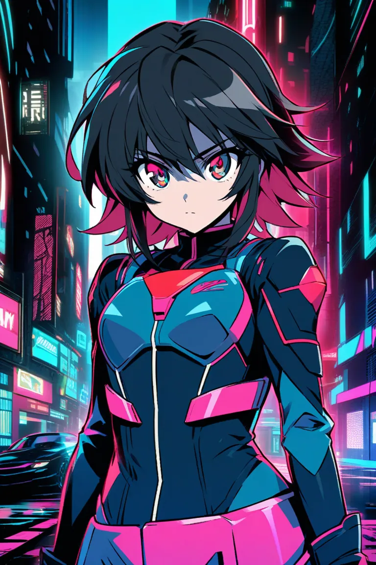 Create an illustration of Priss from *Bubblegum Crisis* in a cel-shaded anime style, using a limited 16-color palette. Priss has short, spiky black hair and a cool, rebellious expression. She is wearing her iconic hardsuit: a sleek, black and red armored o...