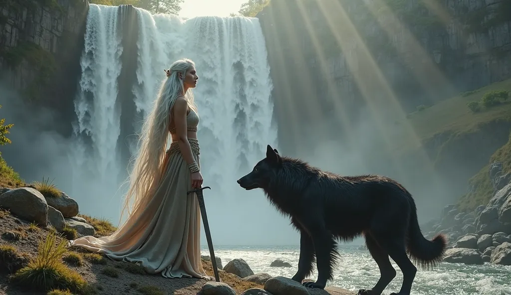  a beautiful woman , white hair, long and flowing against the ankles, wearing the skin of a black bear, holding a sword and accompanied by a black wolf dazzling a very beautiful setting with a stunning waterfall, rocks on the slope. scenery with soft light...