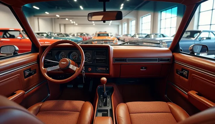 "Create a detailed digital rendering of the 1980 Chevrolet Monza interior, focusing on its infotainment system and dashboard, set inside a classic car showroom. The dashboard should feature a rectangular instrument cluster with analog dials, a vintage AM/F...