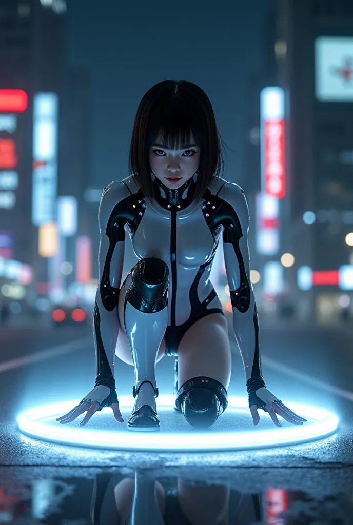 (masterpiece:1.2, excellent quality,Mirror-like, cinematic experience ),8k, wallpaper,( female 1 person),(Baby-Faced Japanese Female Android Combatant from the Future:2.0), high school student model ,  slender figure, big bust, (beautiful faces, She's look...