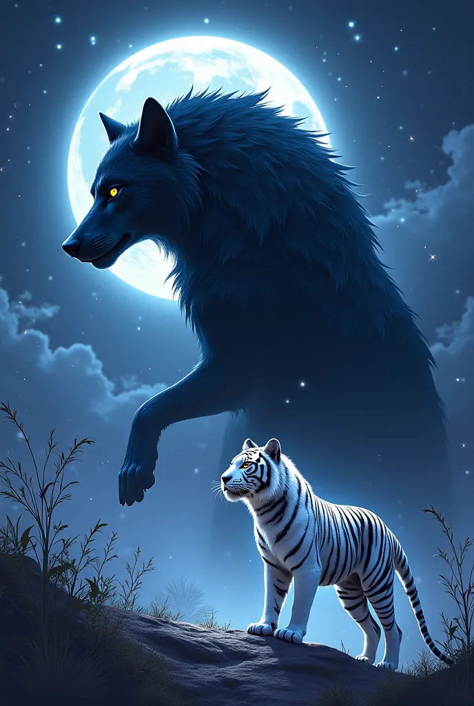 anime art, black wolf, white tiger, night background 