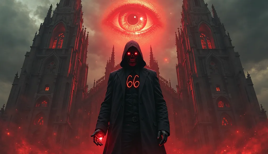 A mysterious, shadowy figure in a dark suit, standing in front of a massive religious temple (Vatican or a grand church), with glowing red eyes or a hidden face. A sinister atmosphere with stormy clouds in the background. A glowing "666" symbol subtly appe...