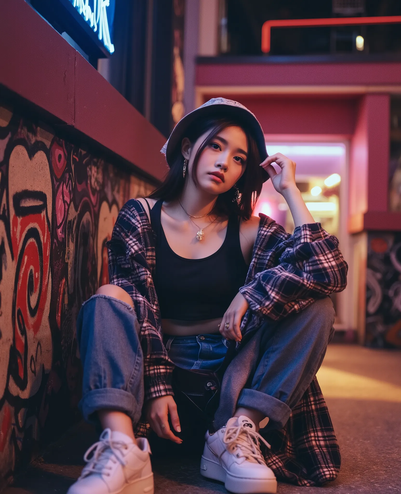 A young Malaysian Malay woman, aged 20-27, exuding confidence and style in a trendy streetwear outfit. She wears a stylish crop top paired with high-waisted cargo pants or baggy jeans, layered with an oversized jacket or flannel for a chic yet edgy vibe. H...