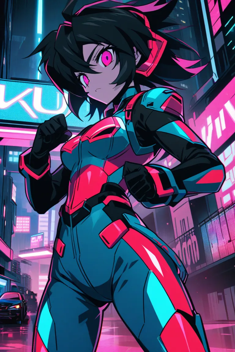 Create an illustration of Priss from *Bubblegum Crisis* in a cel-shaded anime style, using a limited 16-color palette. Priss has short, spiky black hair and a cool, rebellious expression. She is wearing her iconic hardsuit: a sleek, black and red armored o...