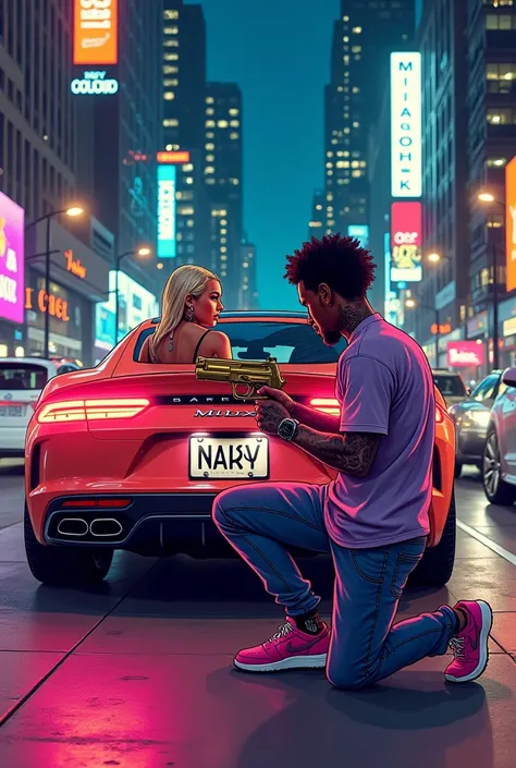 I want a very detailed cartoon of a. Gangster kneeling showing the license plate of that car and that on the license plate of that car it says this name Niky Naky And that the woman is sitting in the car in a bikini with a gold gun showing it and the man w...