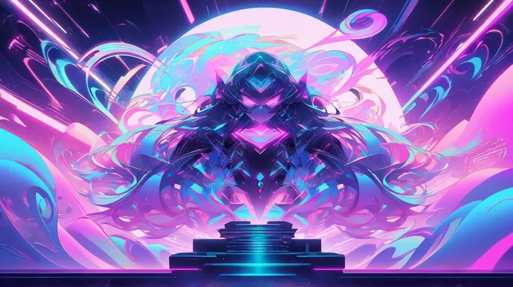 An anime-style character floating in a futuristic digital dreamscape filled with soft pastel hues and glowing neon lights. The background features swirling synthwave visuals and abstract cosmic elements. The title "Dreamwave Odyssey" is displayed in a bold...