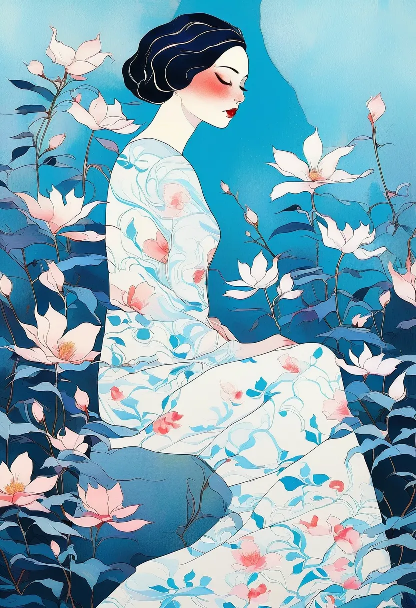 elegant sensual illustration movie poster art ,  Retro and Vintage  , Silky Flowers Around the Body , The light from the window on the back of Mattepaint , Hannah Dale, By Harumi Hironaka, Ultra soft colors,  vibrant,  pastel , High Precision,  digital art...