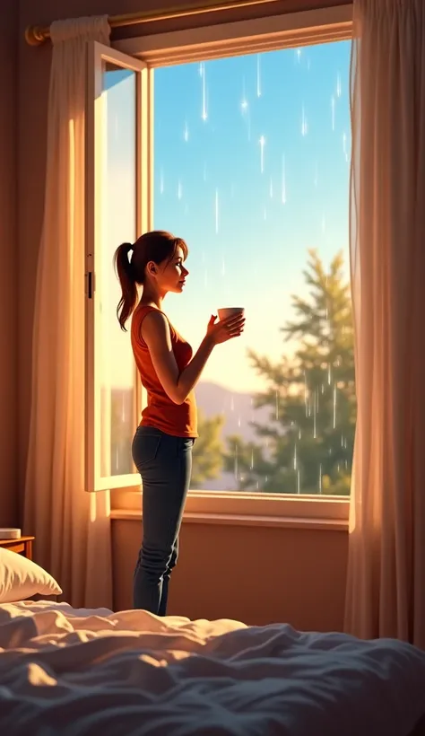 "A realistic scene of a 30-year-old woman in a cozy room at dawn, standing by an open window with an expression of peace and renewed energy.  she holds a cup of coffee , looking at a clear blue sky that opens after a rainy night, with drops still shining o...