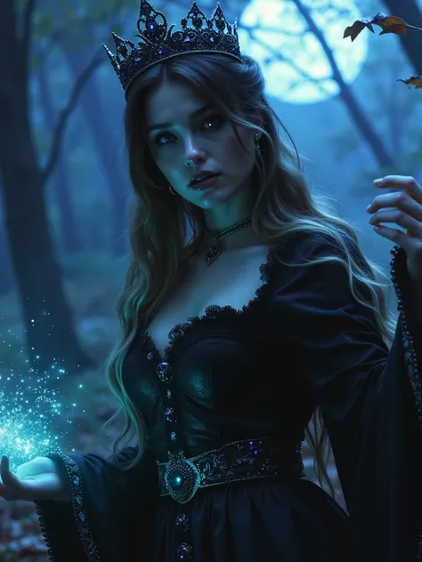 Casting a spell, photography taken by canon eos r5, stunning fullbody d&d character art, beautiful gothic witch, wear crystal crown, beautiful eyes, forest sence, full moon, magic witchcraft, glitter, black colorful, fantasy, intricate, elegant, highly det...