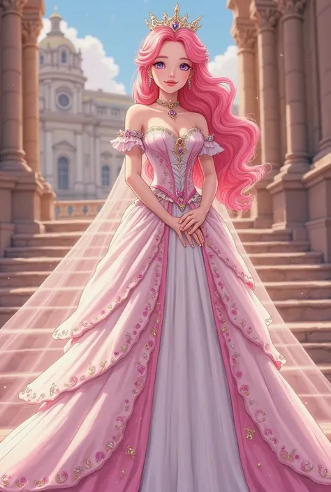 Euphemia li Britannia, 4K anime style quality, digital drawing mode, a regal pink-haired princess with kind violet eyes, wearing an elegant white and pink royal dress, standing gracefully on the steps of the palace, full body, poised and gentle stance exud...