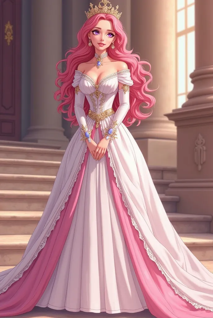 Euphemia li Britannia, 4K anime style quality, digital drawing mode, a regal pink-haired princess with kind violet eyes, wearing an elegant white and pink royal dress, standing gracefully on the steps of the palace, full body, poised and gentle stance exud...