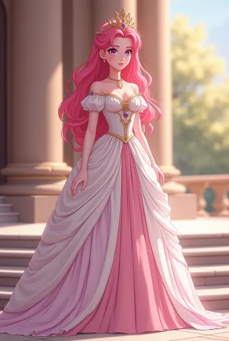 Euphemia li Britannia, 4K anime style quality, digital drawing mode, a regal pink-haired princess with kind violet eyes, wearing an elegant white and pink royal dress, standing gracefully on the steps of the palace, full body, poised and gentle stance exud...