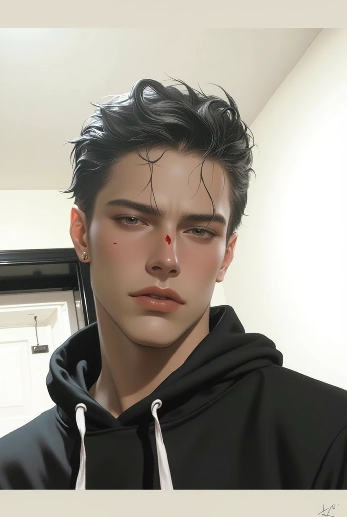 ., great manga style, High Quality, Very fine details, very thin line, Great color, masterpiece, 1 man, long, muscular, handsome, Black hair,  sharp eyes , Sanbaku's lower eyes, slightly open lips, handsome,  stylish clothes , lying in the street, holding ...