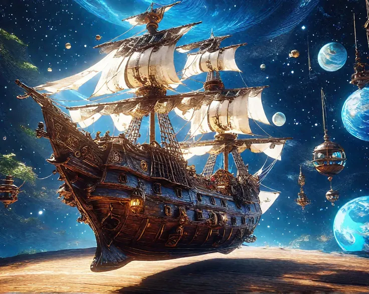 floats in a large space、an archaic pirate ship。The ship is made of wood、has large sails、it looks small {x} it looks like it's catching the wind from space。has planets and stars around it々 shines 、the earth shines blue in the distance。