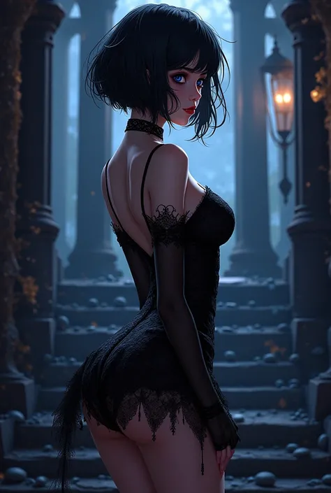 In anime style Make a character with the Gothic style, With short black hair with big breasts and ass