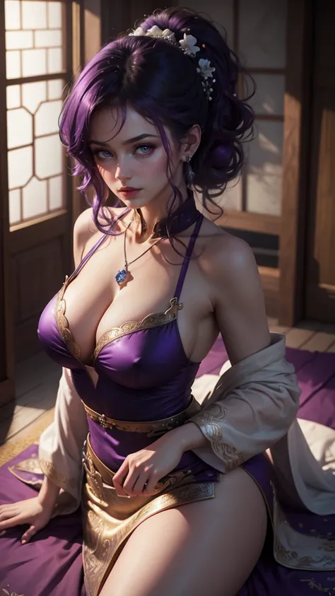 masterpiece, best quality, One Woman, official, busty, cowboy shot, looking at viewer, cinematic light, dark purple hair, hair covering the boobs, teasing, several layers of clothes, tight dress, curvy hair, long hair, blue eyes, (realistic: 1.2), 8k wallp...