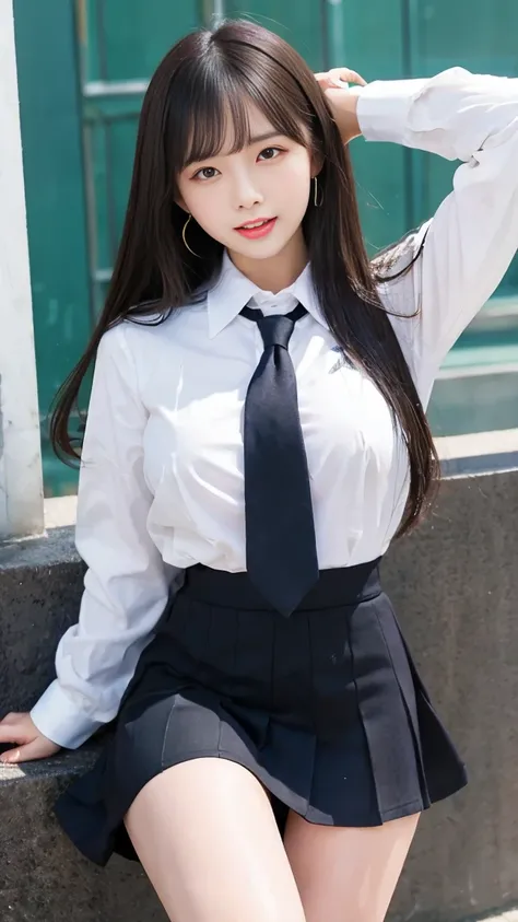 nsfw, Best Quality、High resolution、8k、A beautiful high school girl spreads her legs to show off her pussy、Long Black Hair、big breasts、school uniform、long sleeve shirt、  miniskirt 、 ties、Great style、nsfw,  ,  legs wide open :1.5, Pussy:1.5, Detailed Pussy:2...