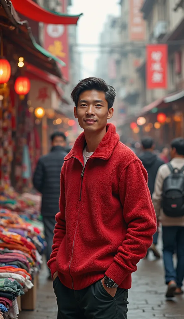 a handsome young Asian man wearing a red sweater selling clothes in the middle of the city, many traders, very realistic image