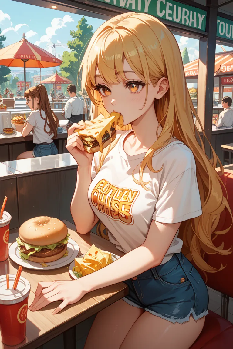 Anime style, a cheerful college girl with yellow long hair flowing freely, amber eyes, wearing casual T-shirt and hotpants, average body shape, sunlit university cafeteria with bustling students, eating a lot of giant hamburgers with cheese.