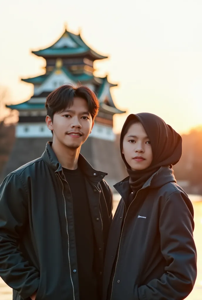 double exposure, cover photo of the film entitled "Friday Blessings". The cover shows a handsome Korean man with trendy short hair, wearing black jacket clothes, and a beautiful Japan women, wearing hijab jacket clothes, standing smiling slightly facing th...