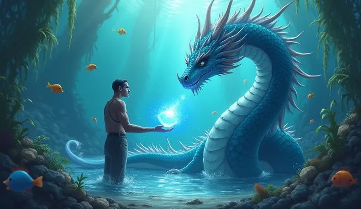 The majestic female sea dragon gazes at the young fisherman with gratitude. She then transforms into a glowing blue gem, floating gently into his hands.