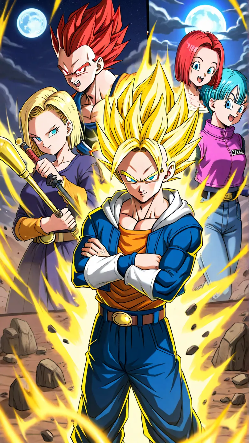 "Create an epic and dynamic illustration of Goku, the legendary Saiyan from Dragon Ball, along with all your friends and allies in a setting inspired by the universe of the series. Goku is at the center of the image, in his Super Saiyan form God (red hair ...