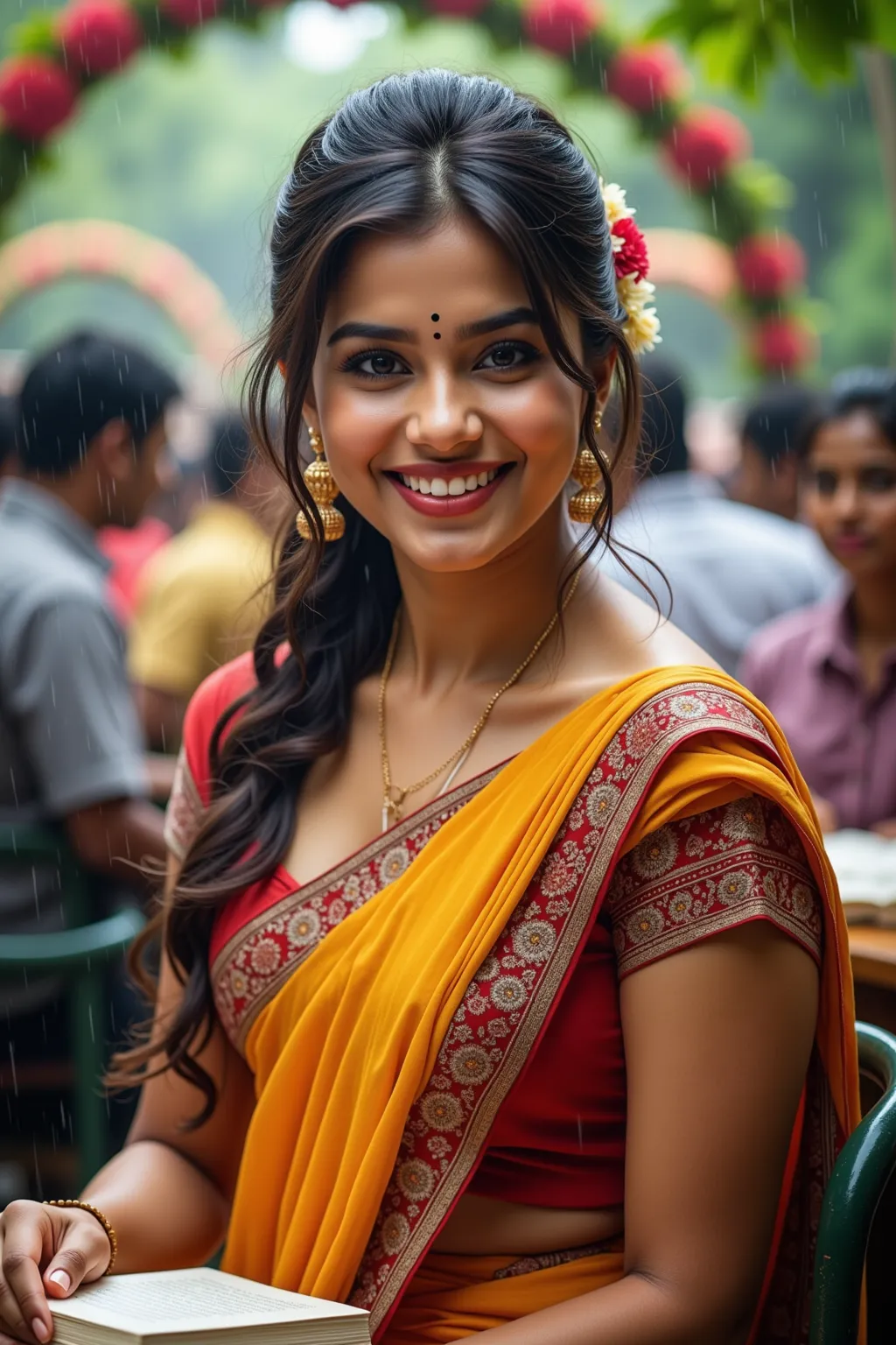 A stunningly beautiful Indian woman with disheveled hair, wearing an elegant off-shoulder saree, vibrant ethnic patterns, adorned with flowers in her hair, captured in a charming outdoor street scene, heavy rain shower, joyfully enjoying the downpour, big ...