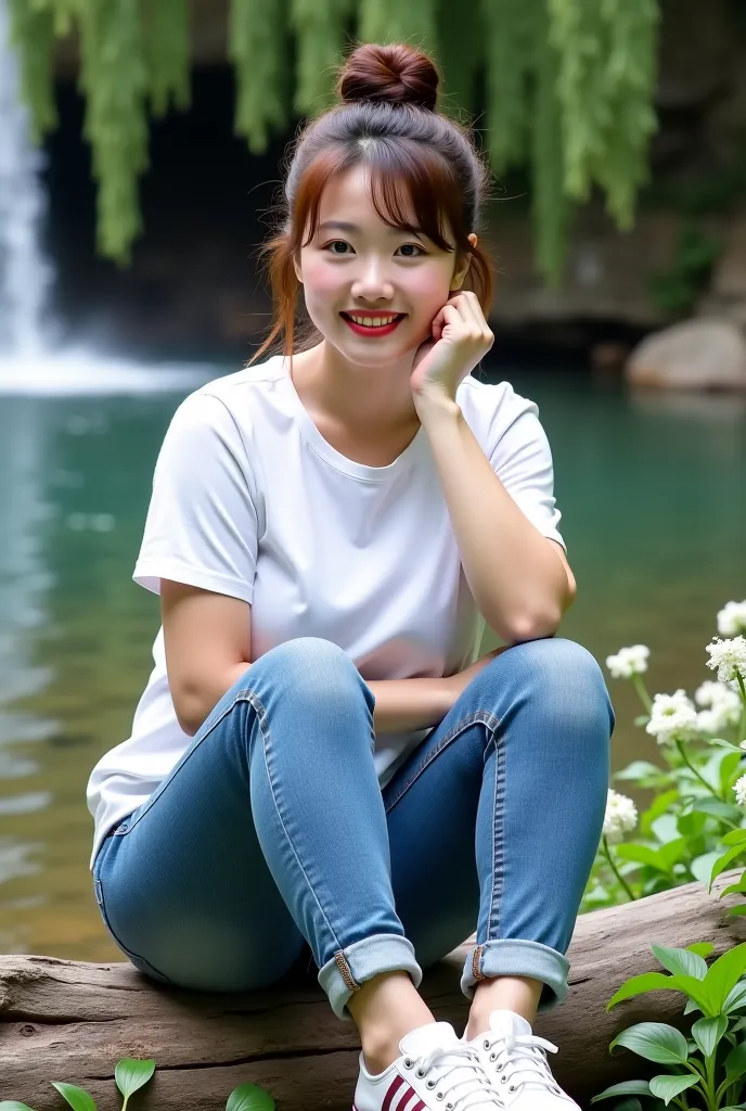 Ultra HD 16k realistic professional photo masterpiece, A 40-year-old Asian female model,  chubby body, Soft brown half bun hair, Round face with natural red lips, Gorgeous white skin, Full body of jeans,  white t-shirt, Wearing classic canvas shoe pattern ...