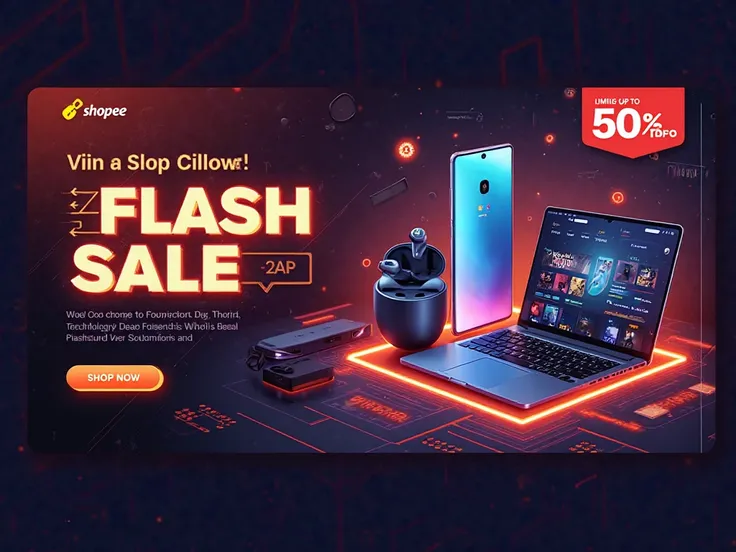 A modern and eye-catching e-commerce banner for a technology sale on Shopee. The design features a sleek, futuristic theme with a vibrant color scheme of red, orange, and blue, incorporating dynamic light effects. The banner showcases best-selling tech pro...