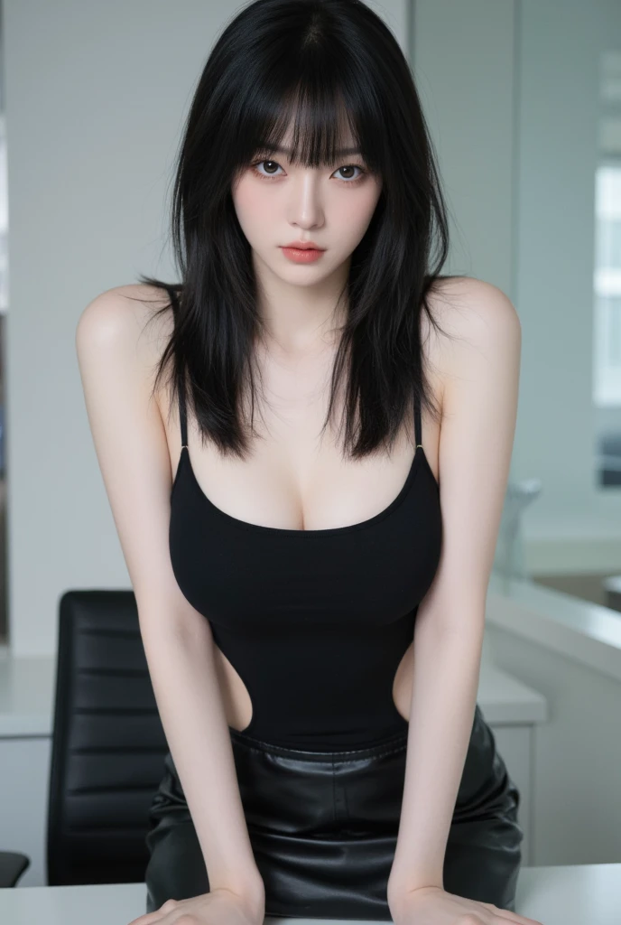 
Black long straight hairstyle for young women, black one-piece hipster, leather skirt, big chest, no straps, low chest, no jewelry, leaning strongly forward, business line, bar
