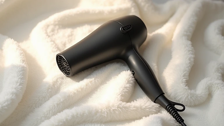 black hairdryer on a white soft fluffy cloth, next to it is a black hairdryer, daylight, ultra hd