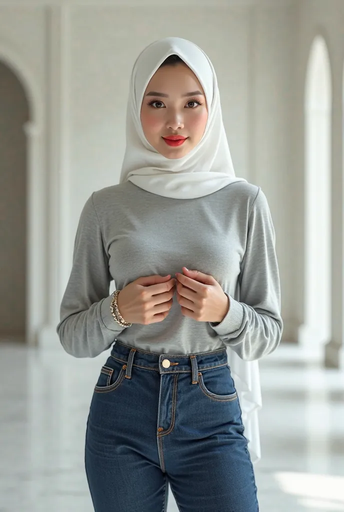 a beautiful Asian woman,perfect wearing a transparant white hijab fitting,perfect make up,light red and smiling lips,plump body,extreme big breasts like big balloons,clean white skin,wearing a soft light gray t shirt long sleeves fitting and dark blue jean...