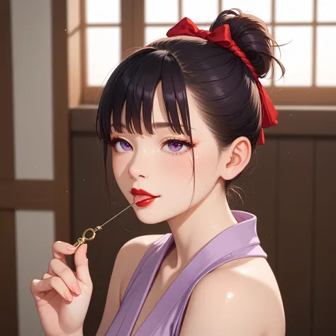 middle body shot, sexy asian woman, (asian face), ahegao face,  red eye shadow,  pale skin, hair tied back with knitting needles, bare shoulder, skinny, full body shot, small breasts, slim body, red lips, black hair, bangs on the face, big purple eyes,(sho...