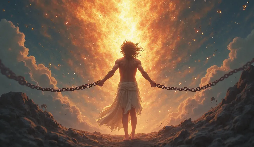 "An illustration of a person breaking free from chains, their body surrounded by light and energy. The chains represent fear and limitation, while the energy symbolizes the freedom and transformation that comes when one embraces their true power. High-qual...