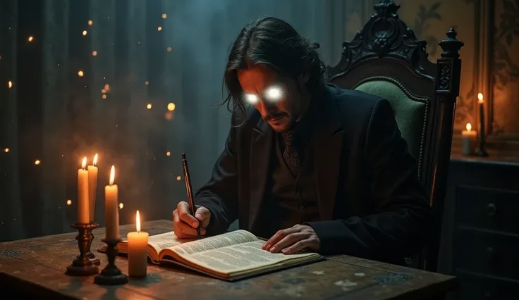 Create a dramatic and mysterious scene of a person writing a book in a state of trance. The person is seated in an old chair, in a dark and gloomy environment,  illuminated only by flickering candles . The person's eyes are completely rolled, with a bright...