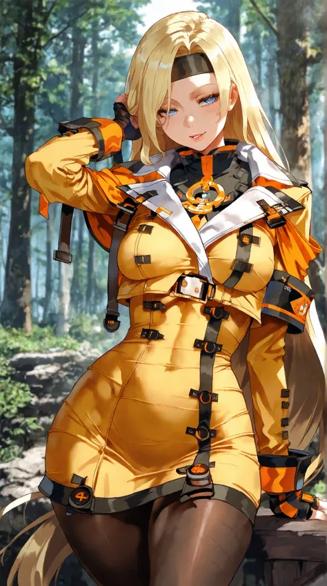 1girl, millia rage , guilty gear,cowboy shot, forest, hand on ear,medium large breasts, parted lips,seductive smile, town pantyhose, ,, masterpiece, best quality, amazing quality, detailed background, intricate details