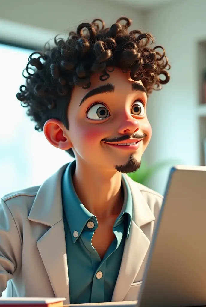 A young, brown nutrition student with curly hair and a mustache and goatee