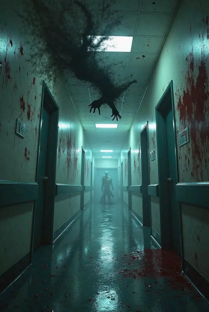 Hospital hallway with suddenly slamming doors, splatters of fresh blood on walls, shadowy figure crawling on ceiling, fisheye lens distortion, panic-inducing horror composition."**  