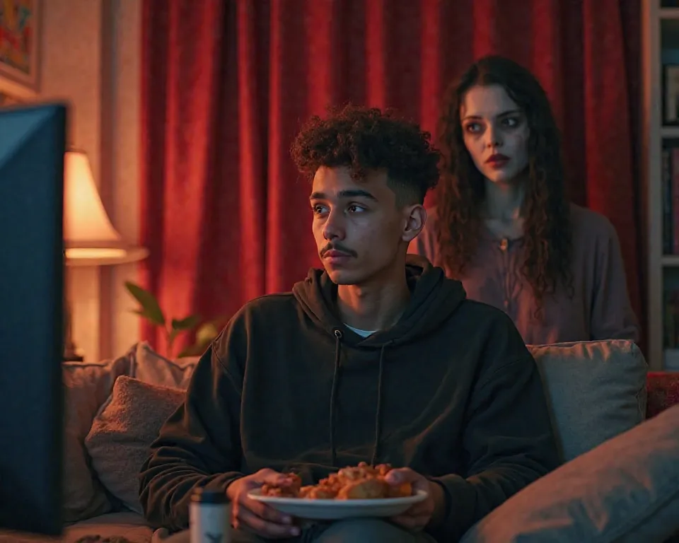 A hyper-realistic 4K image (YouTube thumbnail size: 1280x720) of a young man with short curly hair, a mid taper fade, and a slight mustache, casually eating while watching a game in his cozy room. He’s sitting comfortably on a couch, wearing a black hoodie...