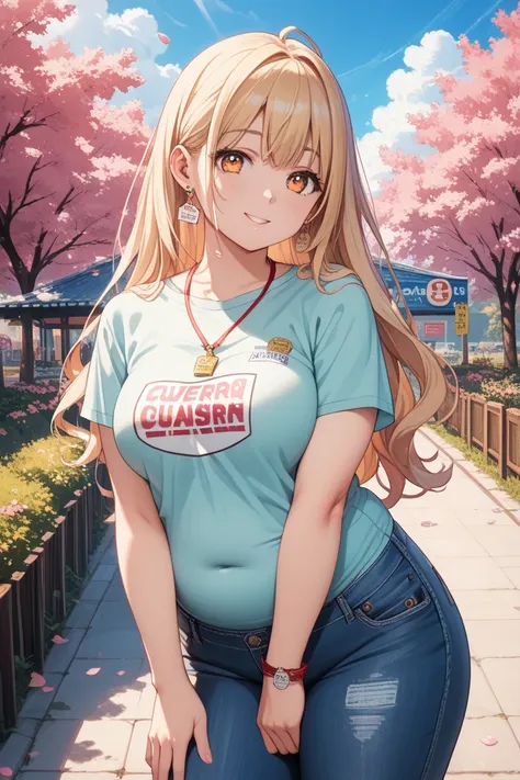 Anime style, a cheerful college girl with long hair flowing freely, amber eyes, wearing casual T-shirt and jeans, a little chubby, bright university campus background with cherry blossom trees,